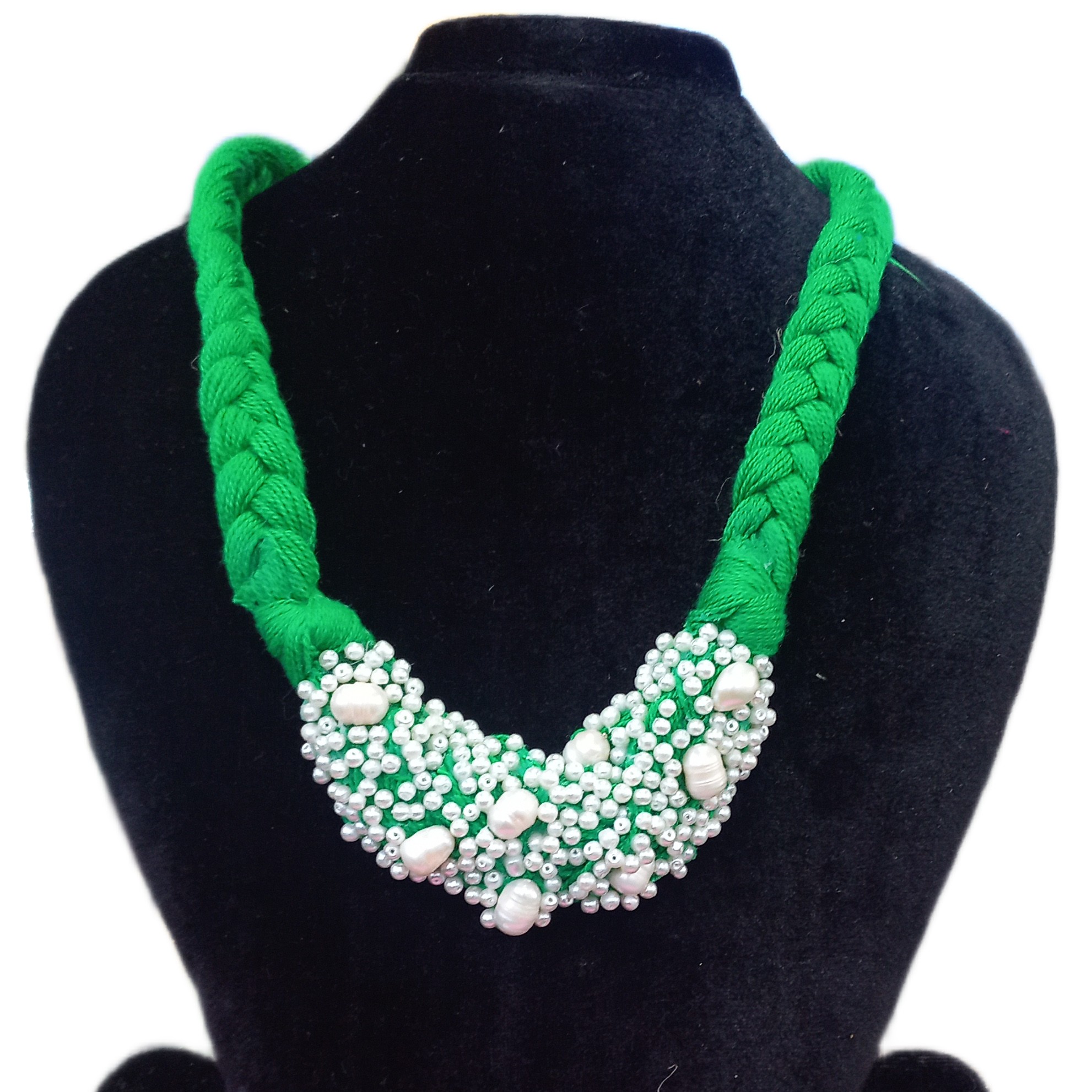 Braided Cotton & Faux Pearl Bead Statement Necklace