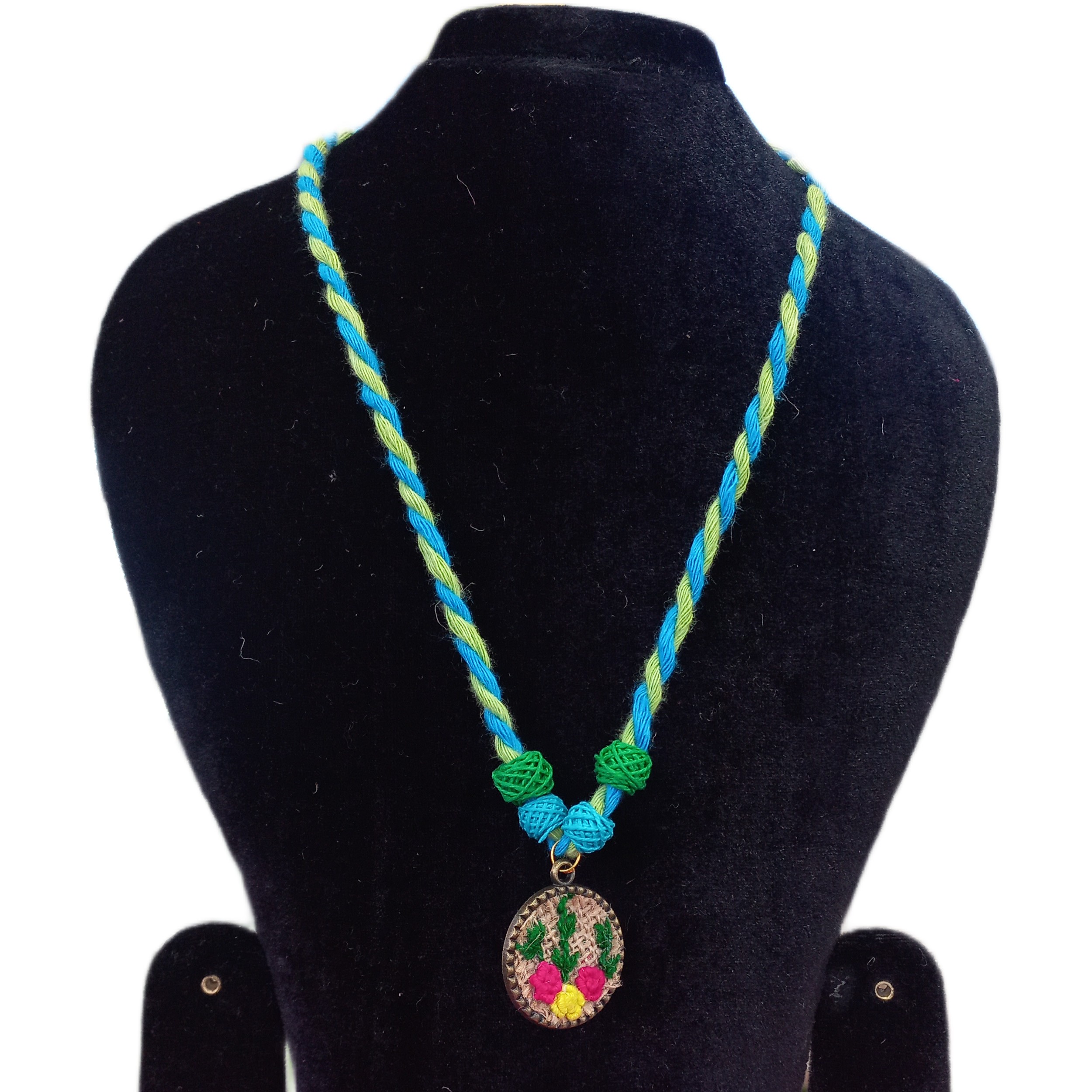 Handcrafted Twisted Thread Necklace with Embroidered Jute Pendant