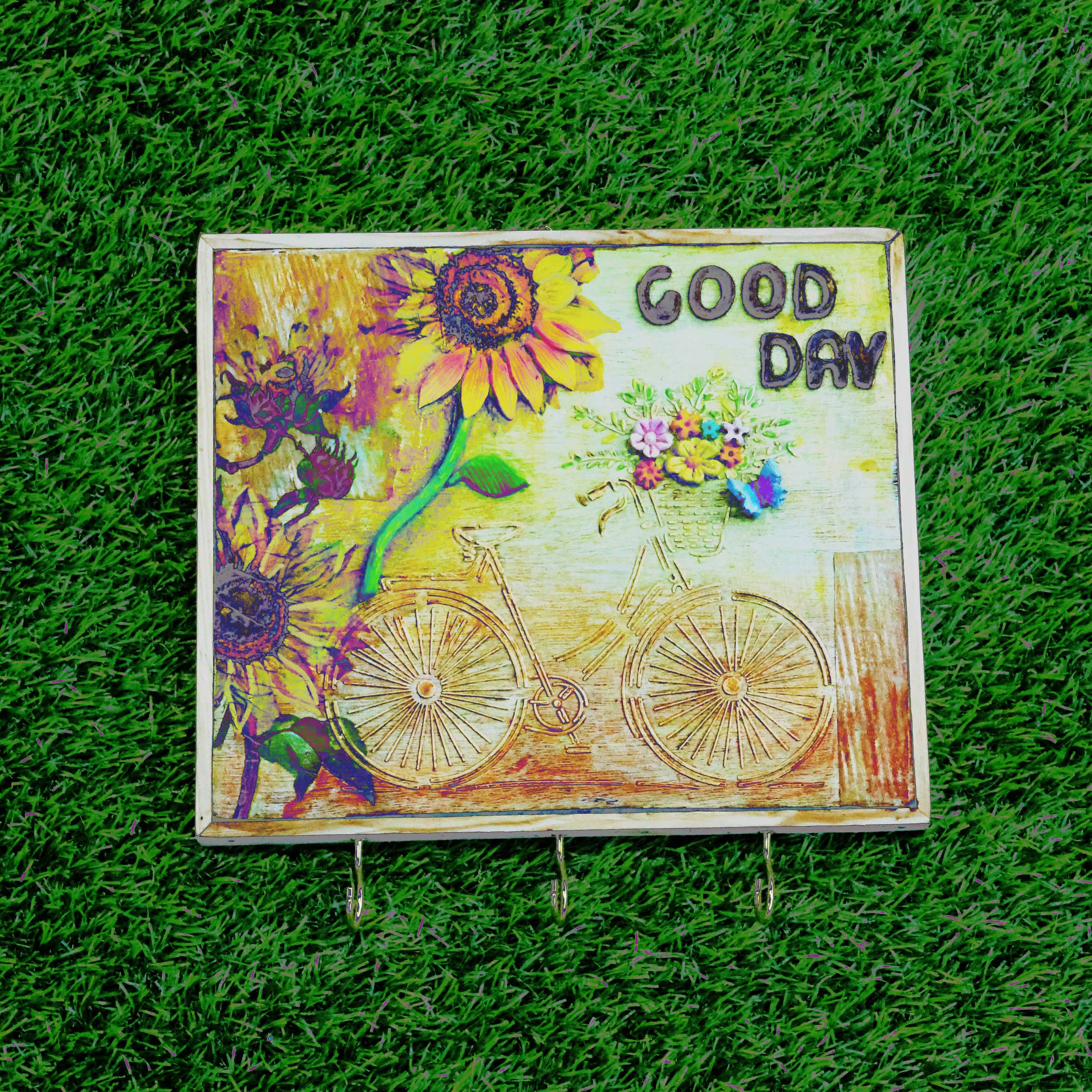 Good Day” Handcrafted Floral Bicycle Wooden Key Holder with Hooks
