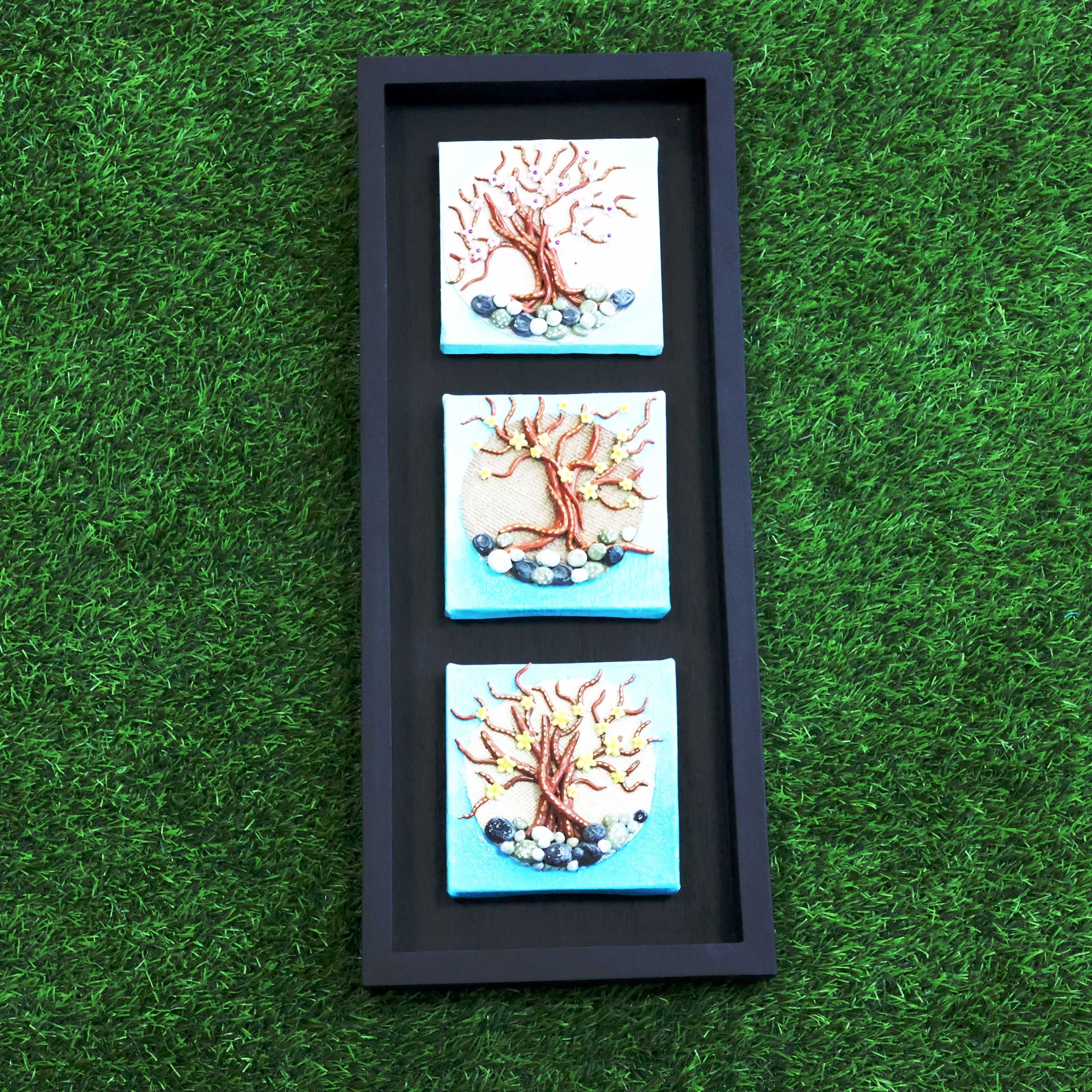 Handcrafted Trio Tree of Life Wall Frame – 3D Tree Art with Pebbles in Vertical Wooden Shadow Box