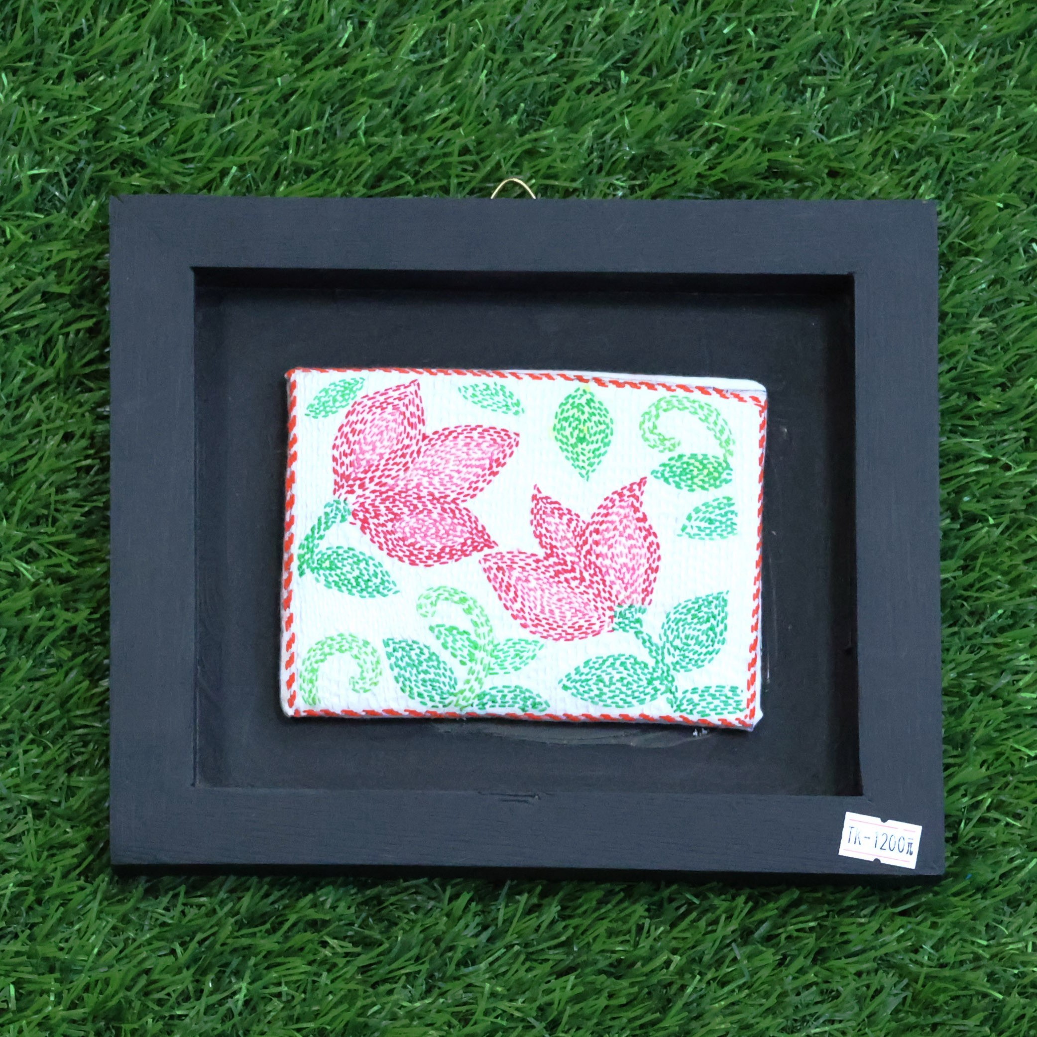 Hand-Embroidered Lotus & Floral Art in Black Frame