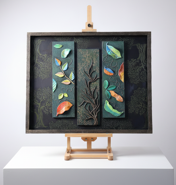Handmade 3D Multi-Panel Leaf & Tree Textured Wall Art – Modern Nature-Themed Framed Décor