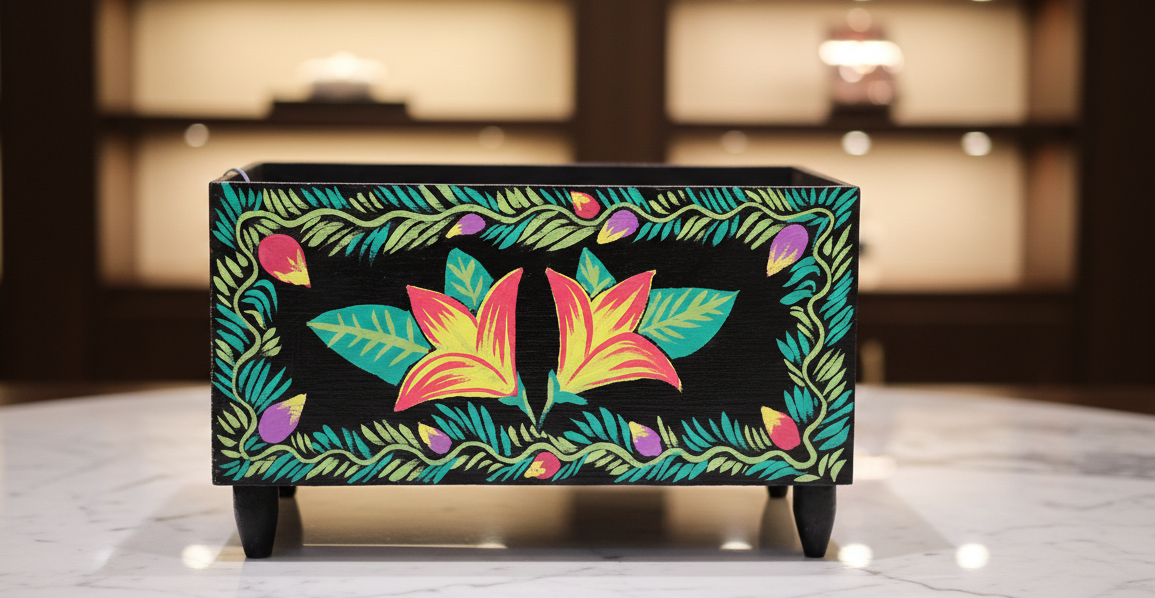 Hand-Painted Floral Wooden Decorative Organizer