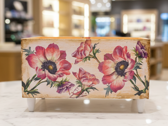Handcrafted Floral Wooden Storage Box with Vintage Art Design