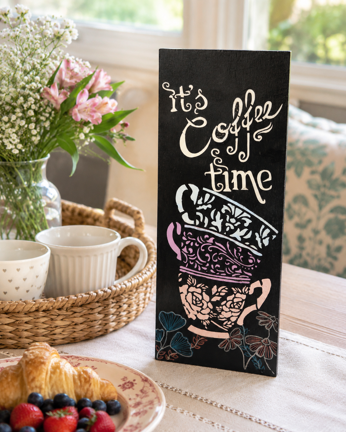 Hand-Painted “It’s Coffee Time” Wooden Decorative Plaque