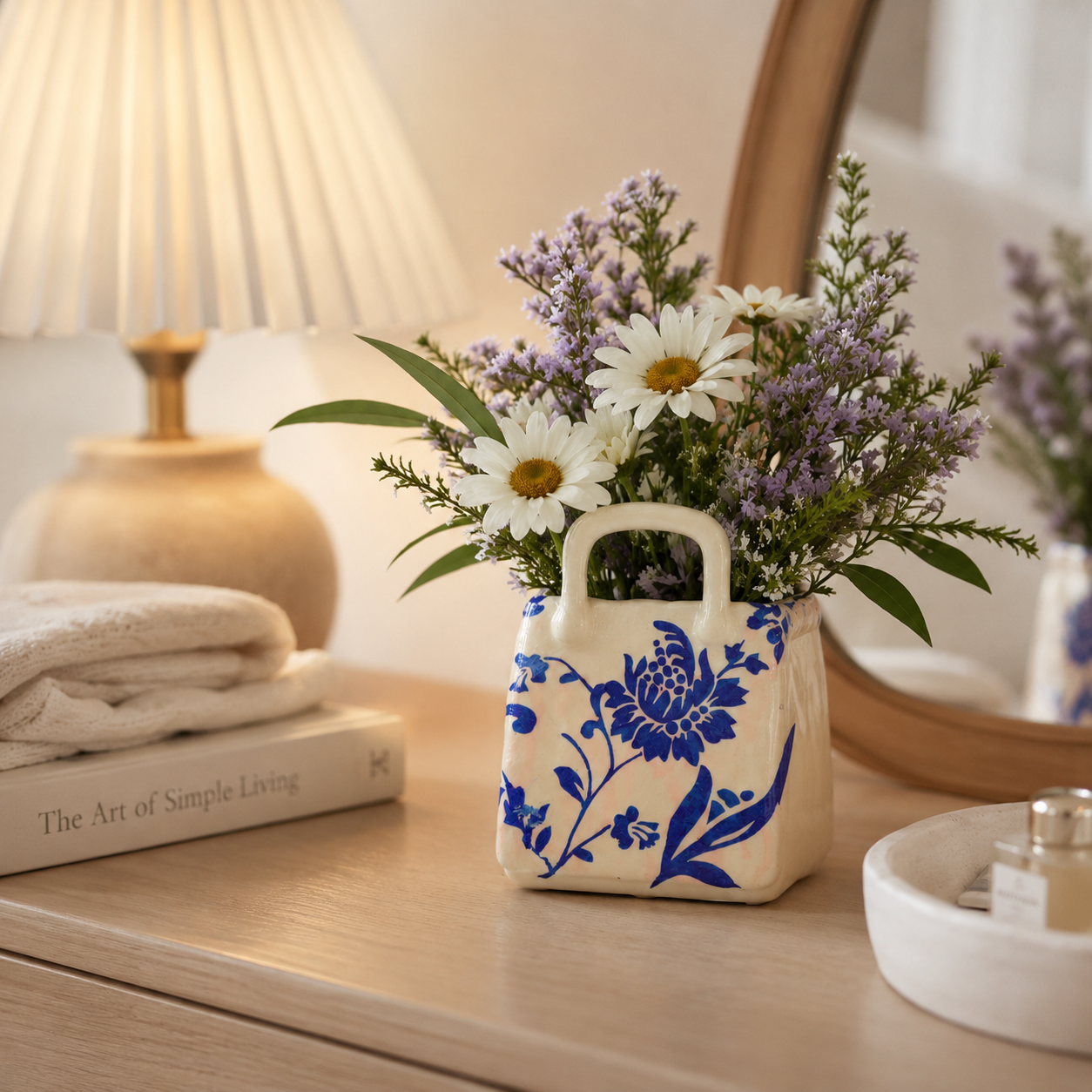 Hand-Painted Blue Floral Ceramic Handbag Vase