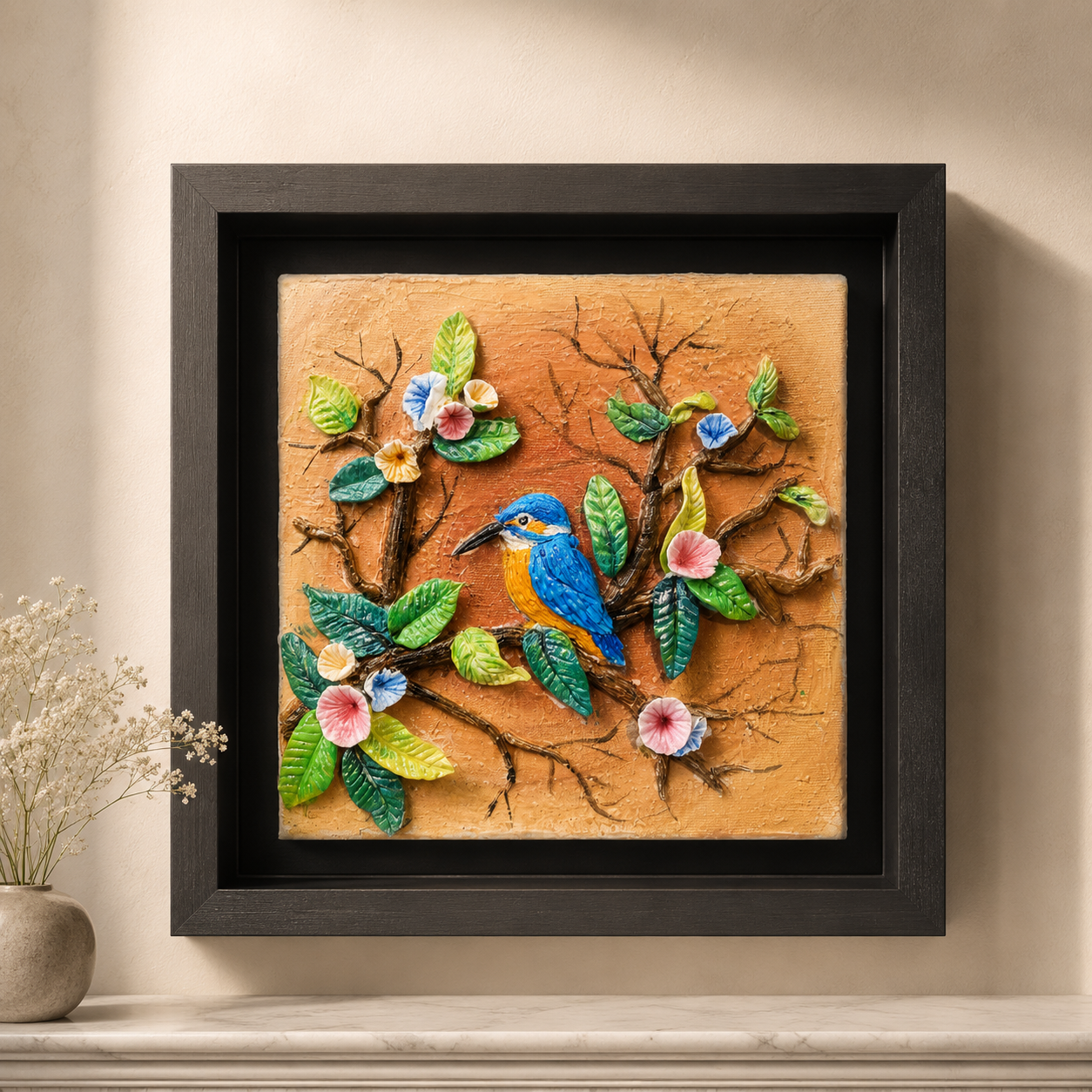 Handcrafted Kingfisher & Blossoms 3D Wall Art