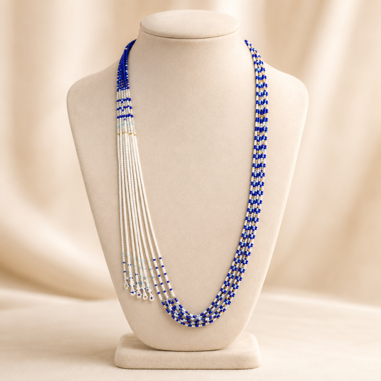 Handcrafted Royal Blue & Ivory Multi-Strand Beaded Necklace