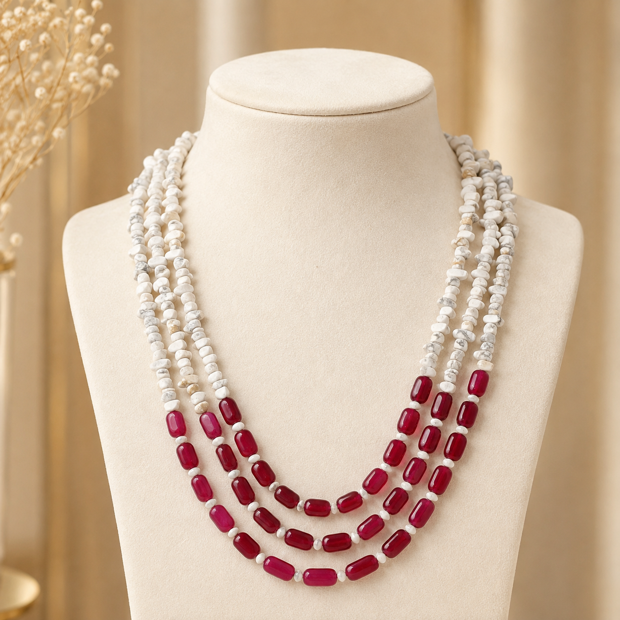 Handcrafted Ruby & Ivory Multi-Strand Beaded Necklace