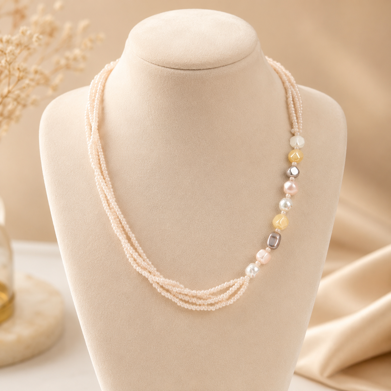 Handcrafted Blush Pearl & Pastel Accent Multi-Strand Necklace