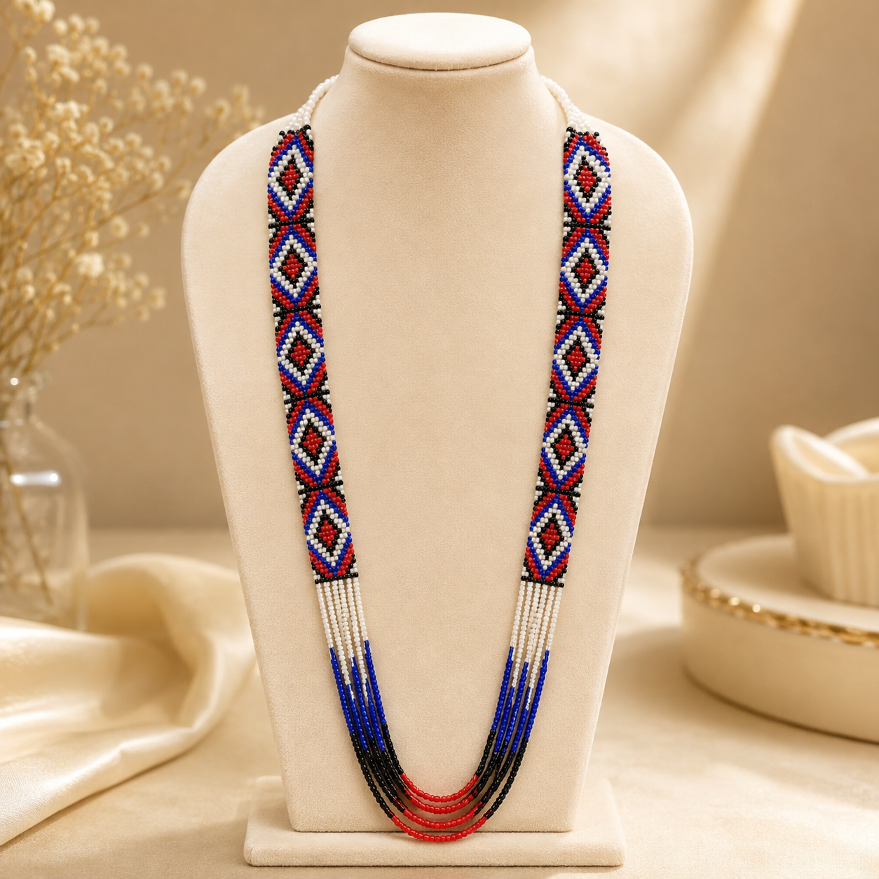 Handcrafted Red, Blue, Black & White Geometric Multi-Strand Necklace