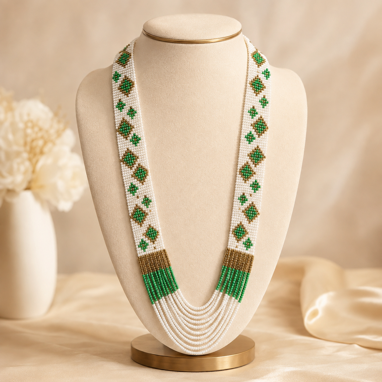 Handcrafted Emerald & Ivory Geometric Multi-Strand Necklace