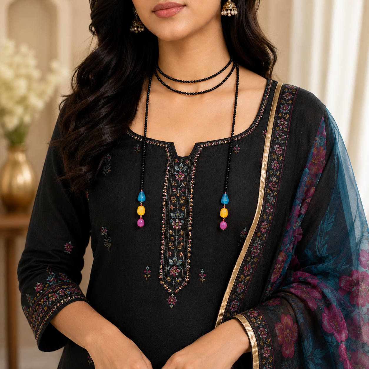 Handcrafted Black Beaded Lariat Necklace with Color Accent Drops